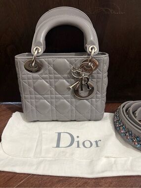 Dior Mini Lady Tote in Light Gray Leather with Silver Hardware